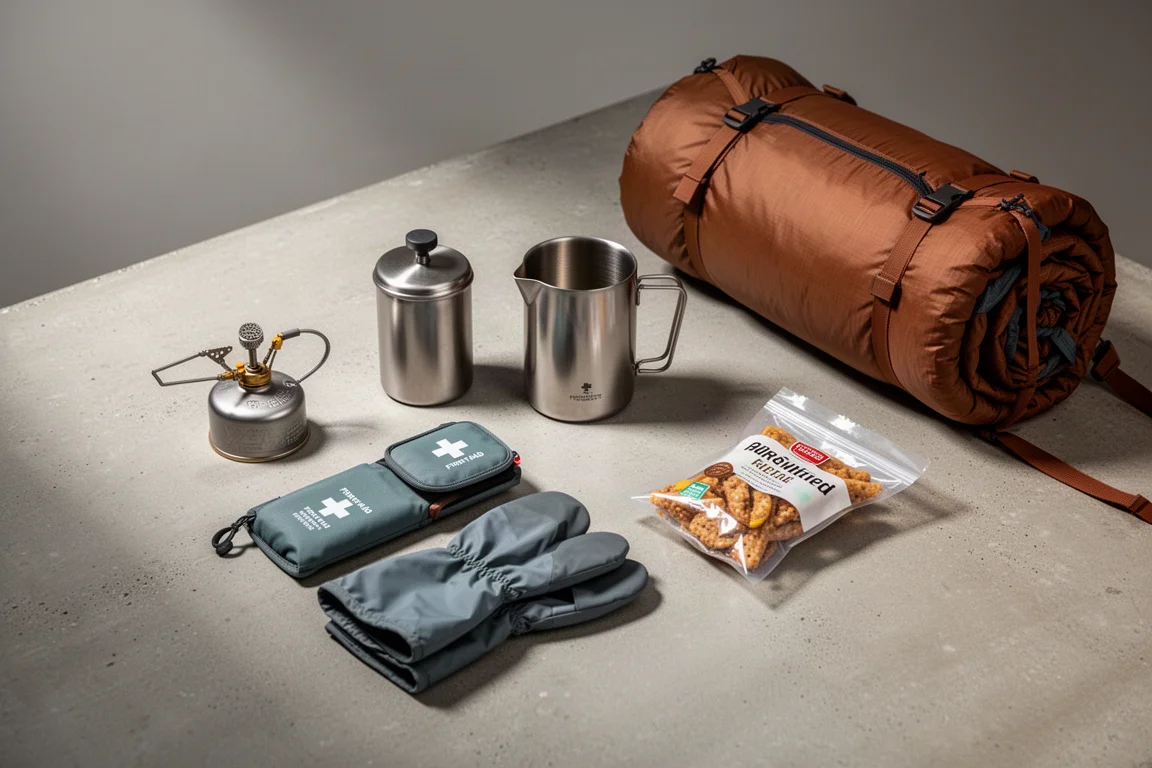 Flat-lay of ultralight backpacking gear including a stove windscreen, water bottle and camp saw