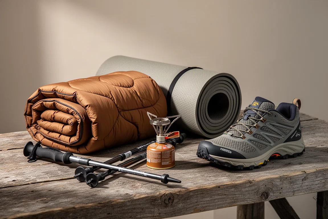 Lightweight backpacking gear arranged on a wooden surface including quilt, sleeping pad, poles, stove, and trail shoe