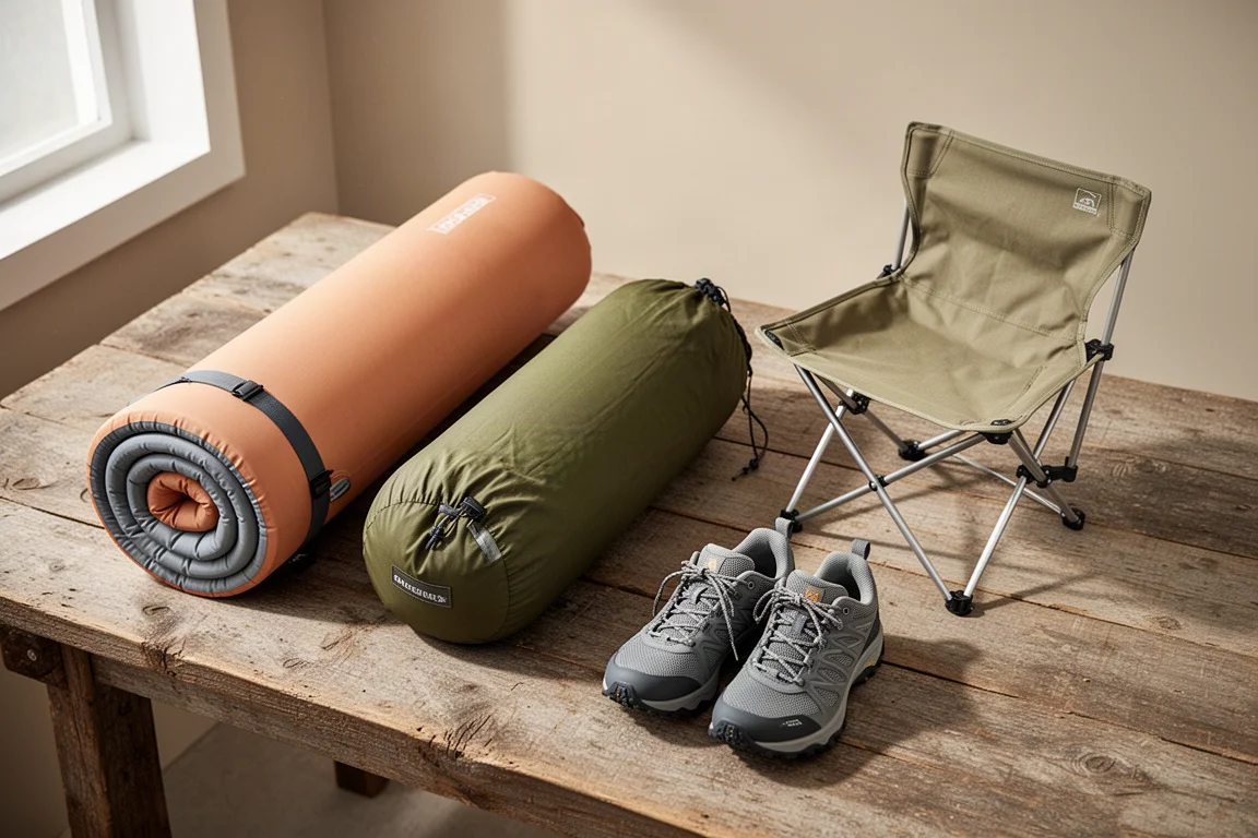 Backpacking gear flat-lay with sleeping pad, tent, camp chair and trail shoes on wood