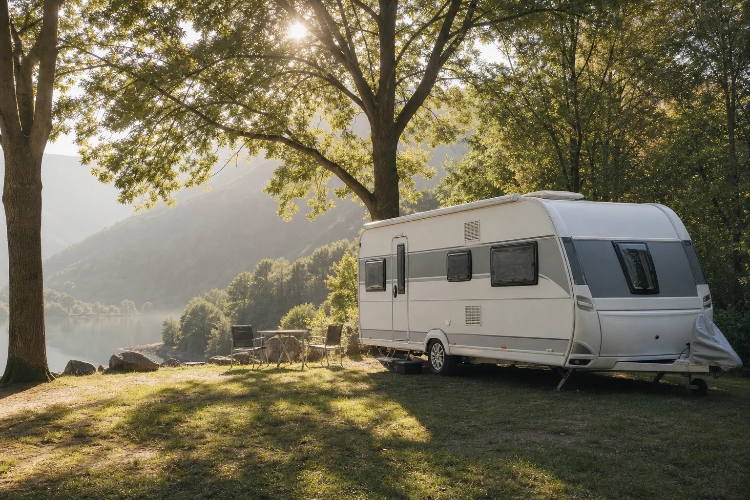 Caravan parked in a scenic campsite with morning light