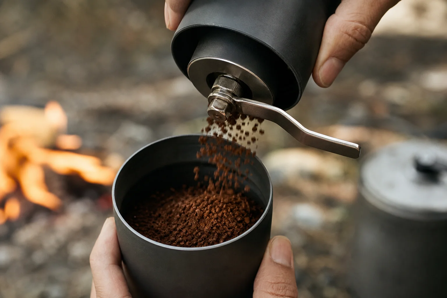 Hand grinder with fresh coffee beans being ground outdoors