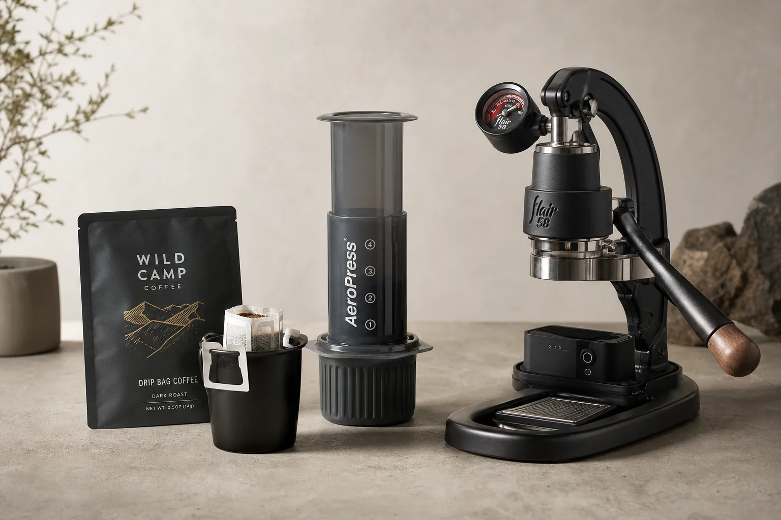 Three coffee brewing devices: drip bag, AeroPress, and Flair 58 on concrete surface