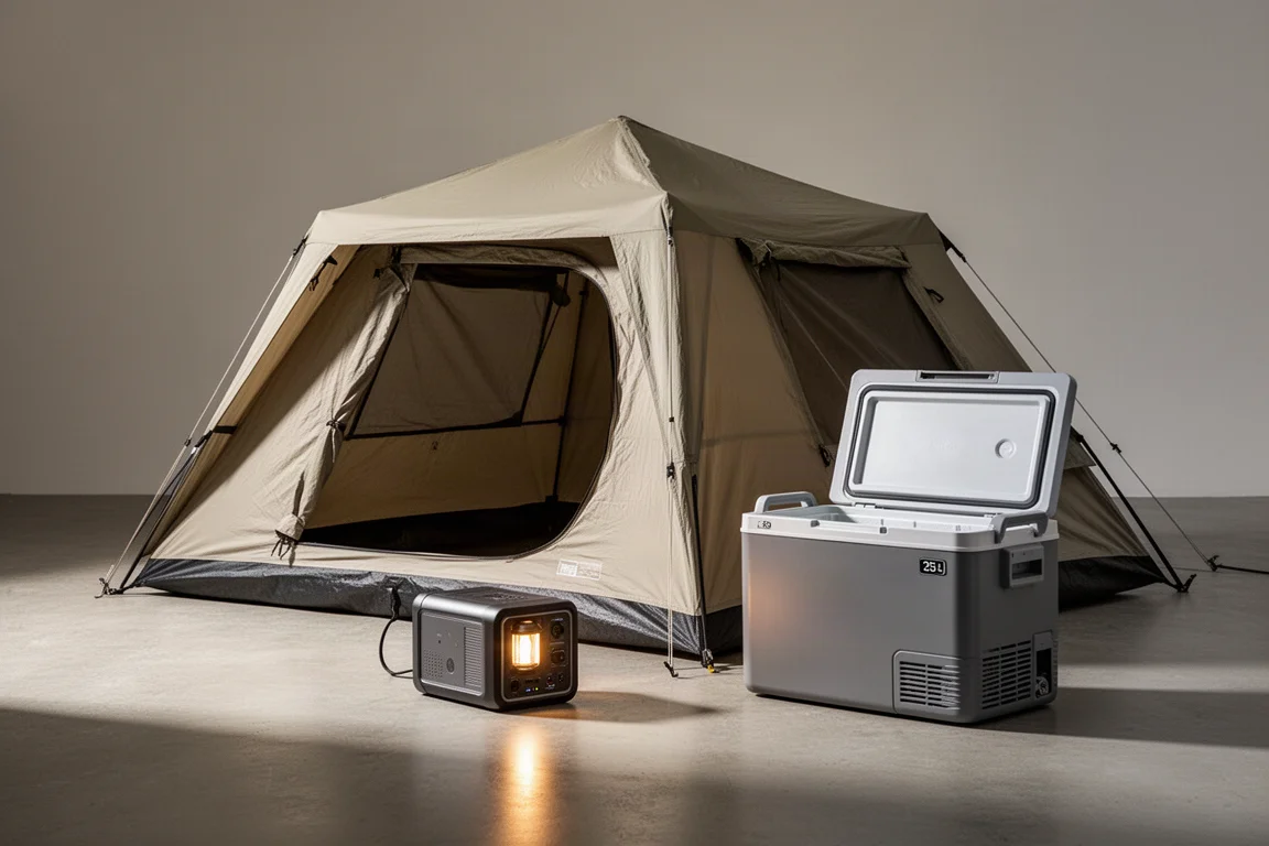 Four-person tent, compact power station and 35L portable fridge arranged for a camping gear guide