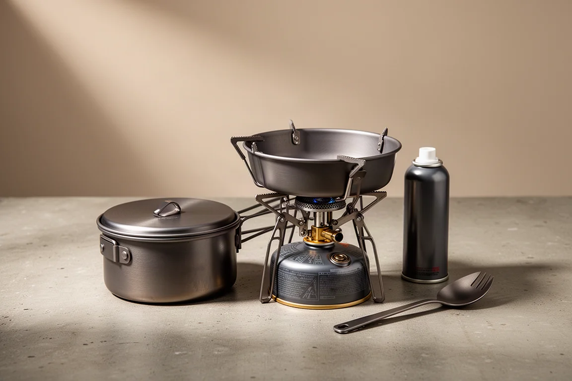 Compact camping cook set with titanium pot and canister stove on a concrete surface