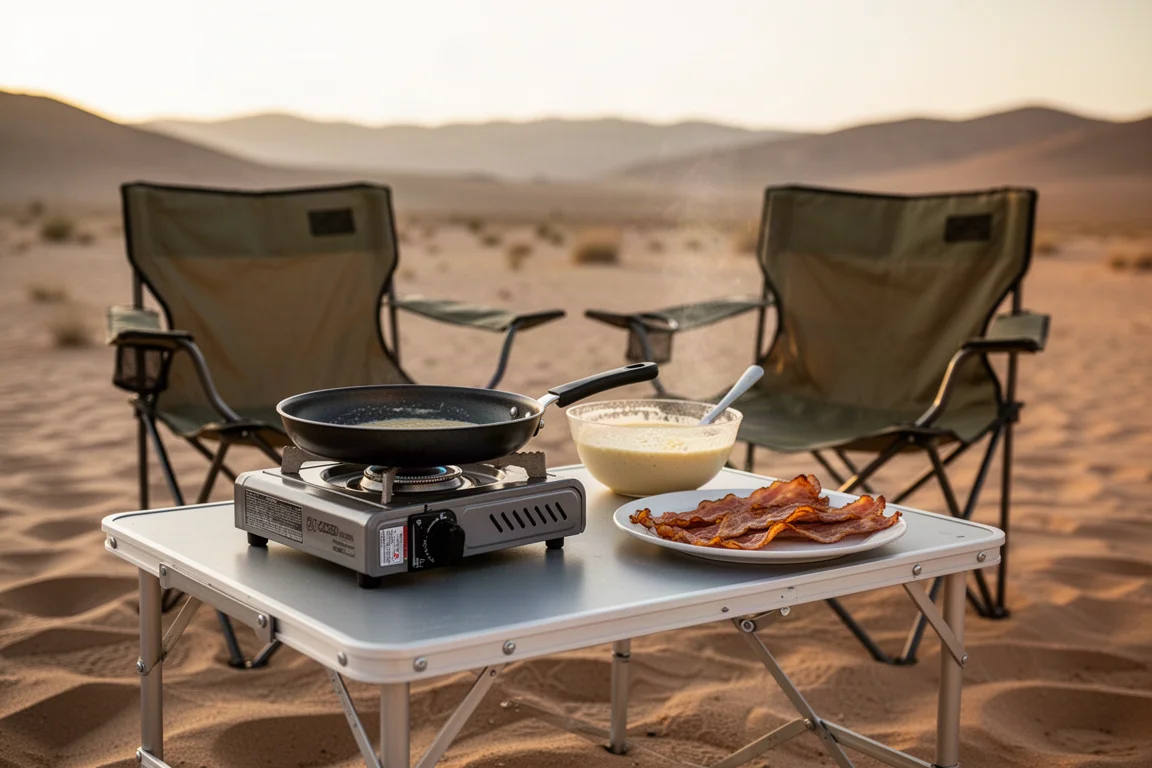 Desert campsite kitchen table at golden hour with a small gas stove and pans