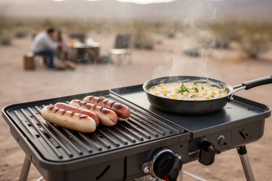 Hot dogs browning on a portable grill beside a small pan of corn dip