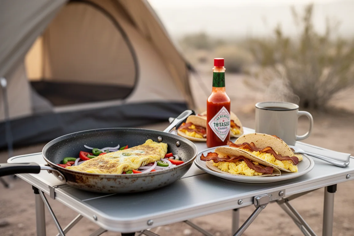 Camp breakfast table with an omelette in a pan and breakfast tacos on a plate