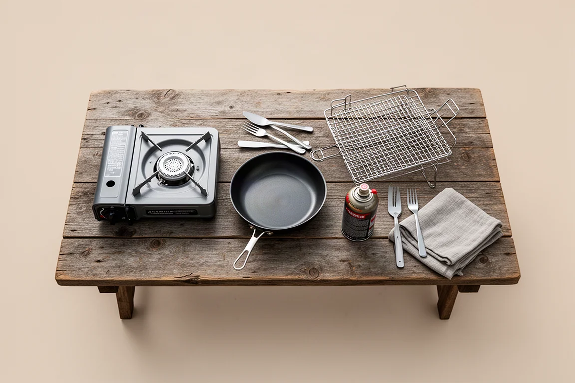 Overhead flat lay of camping cooking gear on a weathered wooden table