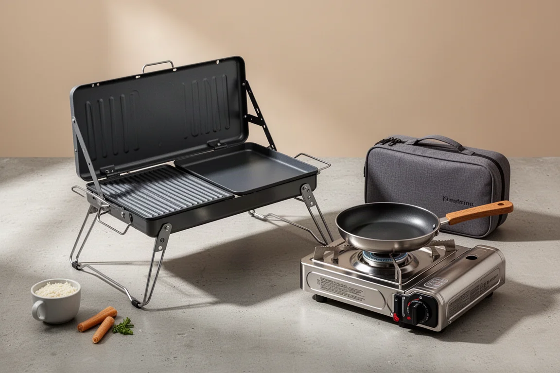 Portable camping gas grill beside a compact single-burner stove and fry pan