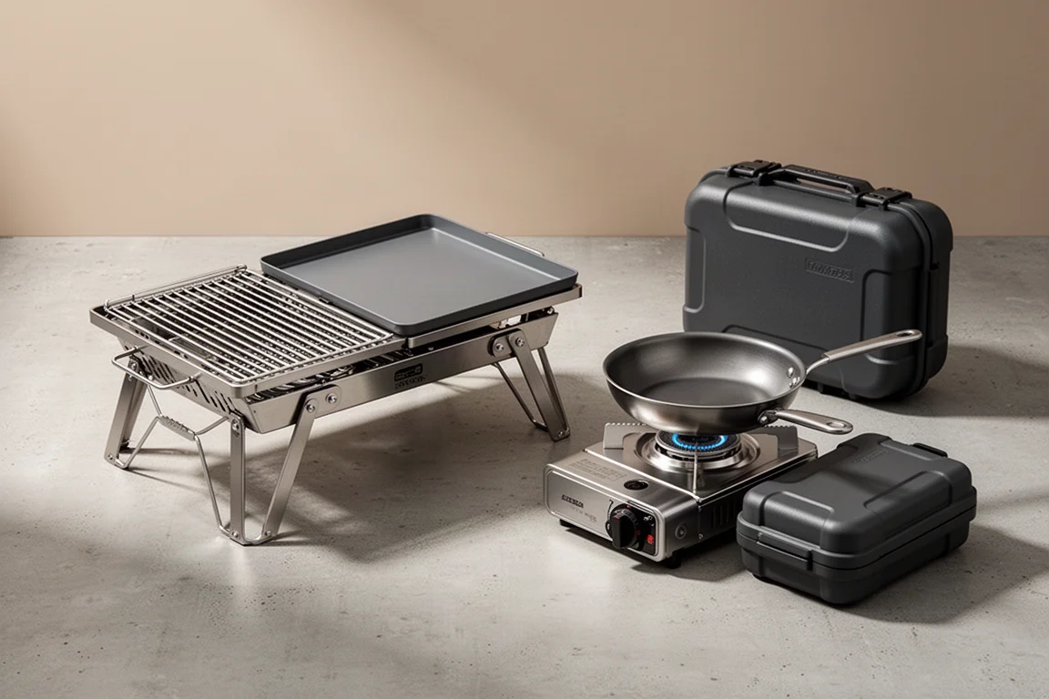 Two camp cooking systems, a folding gas grill and a compact single-burner stove, on concrete