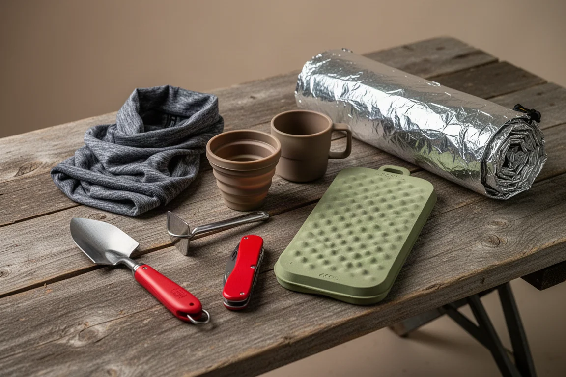 Compact camping essentials laid out on a wooden camp table in soft daylight
