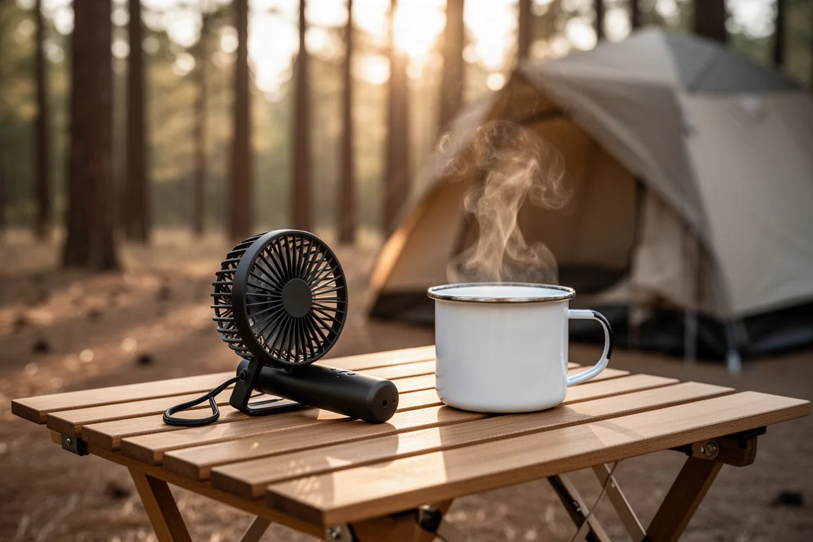 Liten portabel fläkt på ett campingbord bredvid en emaljmugg i eftermiddagsljus
