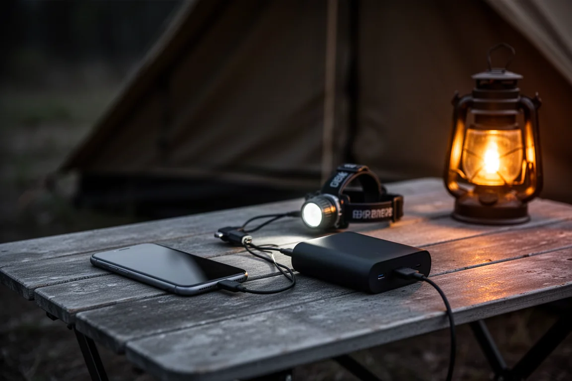 Telefon och pannlampa som laddas från en powerbank på ett campingbord i skymningen