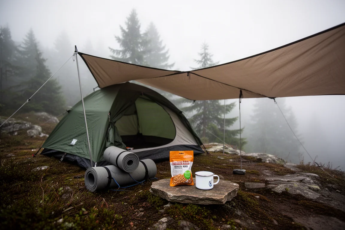 Camping tent, tarp shelter, sleeping pad, meal pouch, and coffee cup on a mountain ledge