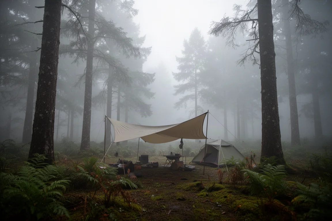 Emplacement de camping en forêt brumeuse au crépuscule avec un abri tarp et une petite tente parmi des arbres mouillés