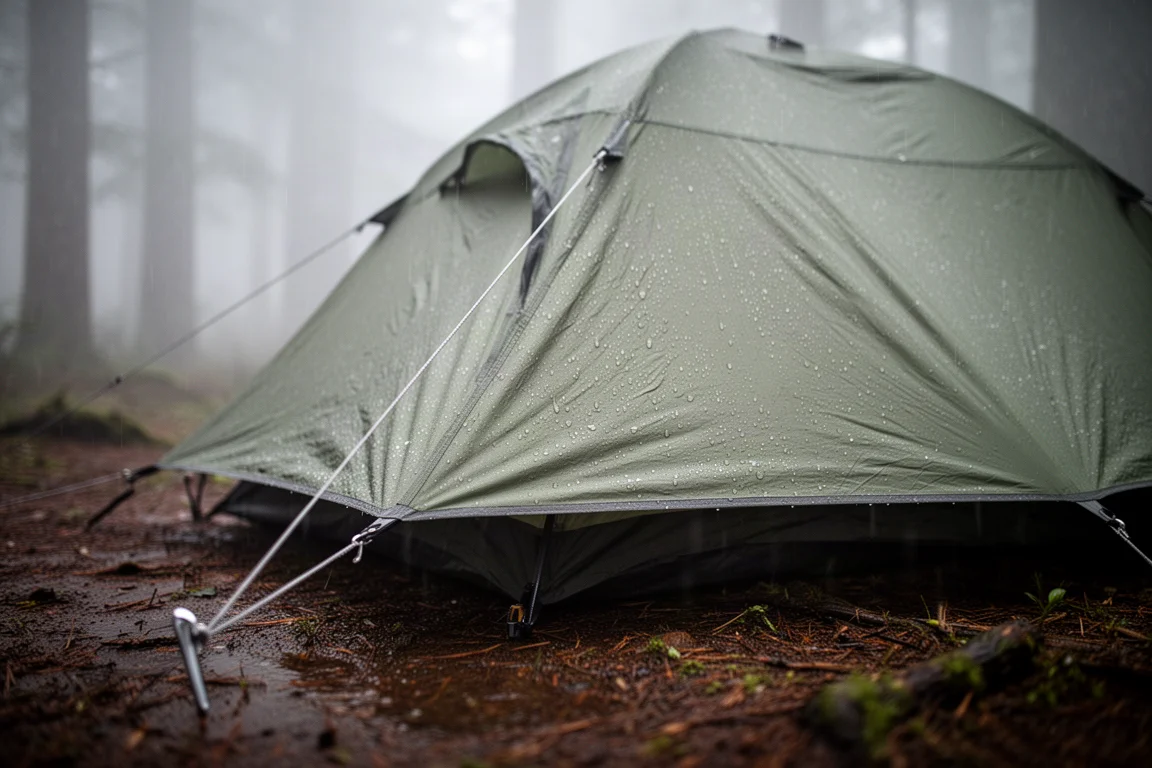 Détail rapproché d'une petite tente une place montée sur un sol forestier humide avec de la pluie sur le tissu