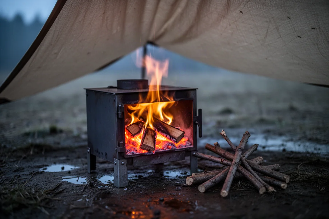 Petit feu de bois brûlant dans un réchaud métallique compact sous un tarp au crépuscule