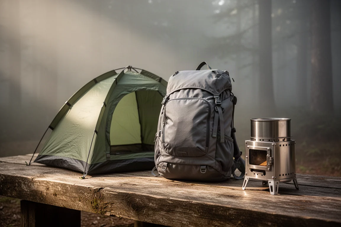 One-person tent, hiking backpack and folding wood stove arranged on a wooden surface