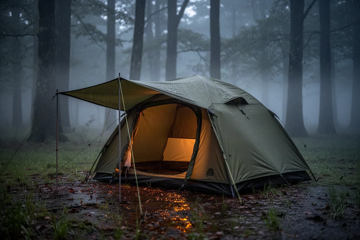 Tenda verde leggera montata in una radura al crepuscolo con luce calda all'interno