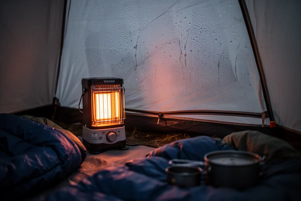 Compatto riscaldatore portatile che brilla dentro una piccola tenda con condensa sulla parete