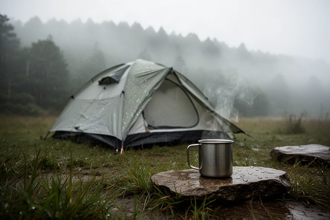 Campeggio inzuppato dalla pioggia al mattino con nebbia su una collina boscosa