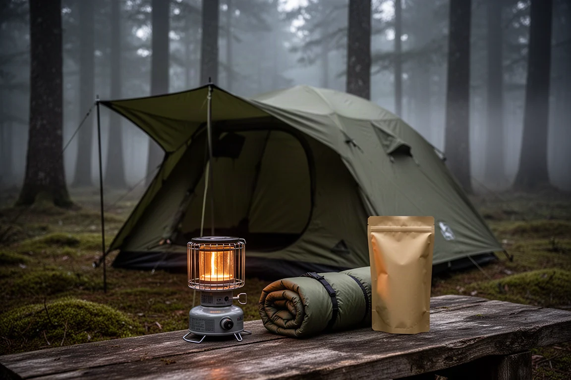 Camping tent with porch awning, heater, sleeping bag, and meal pouch at a forest camp