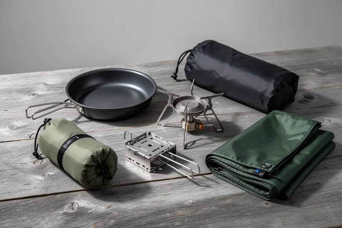 Backpacking frying pan, canister stove, folded stove, packed shelter and tent flysheet on wood