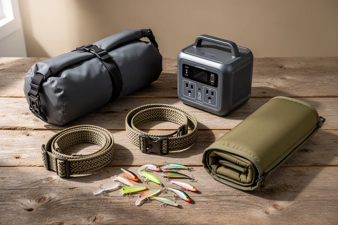 A collection of camping gear including grill, tote, bed roll, lantern, loveseat, and radio on concrete