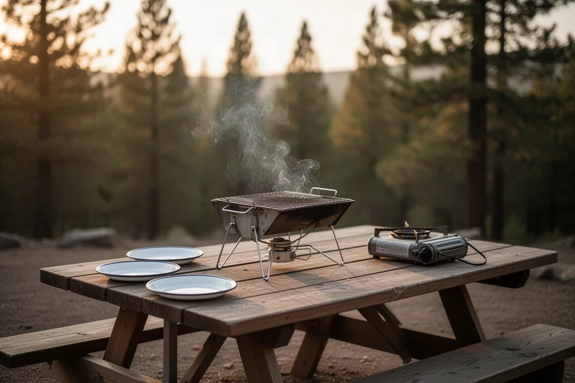 Liten kolgrill uppställd på ett picknickbord på en campingplats i gyllene timmen med mat som tillagas