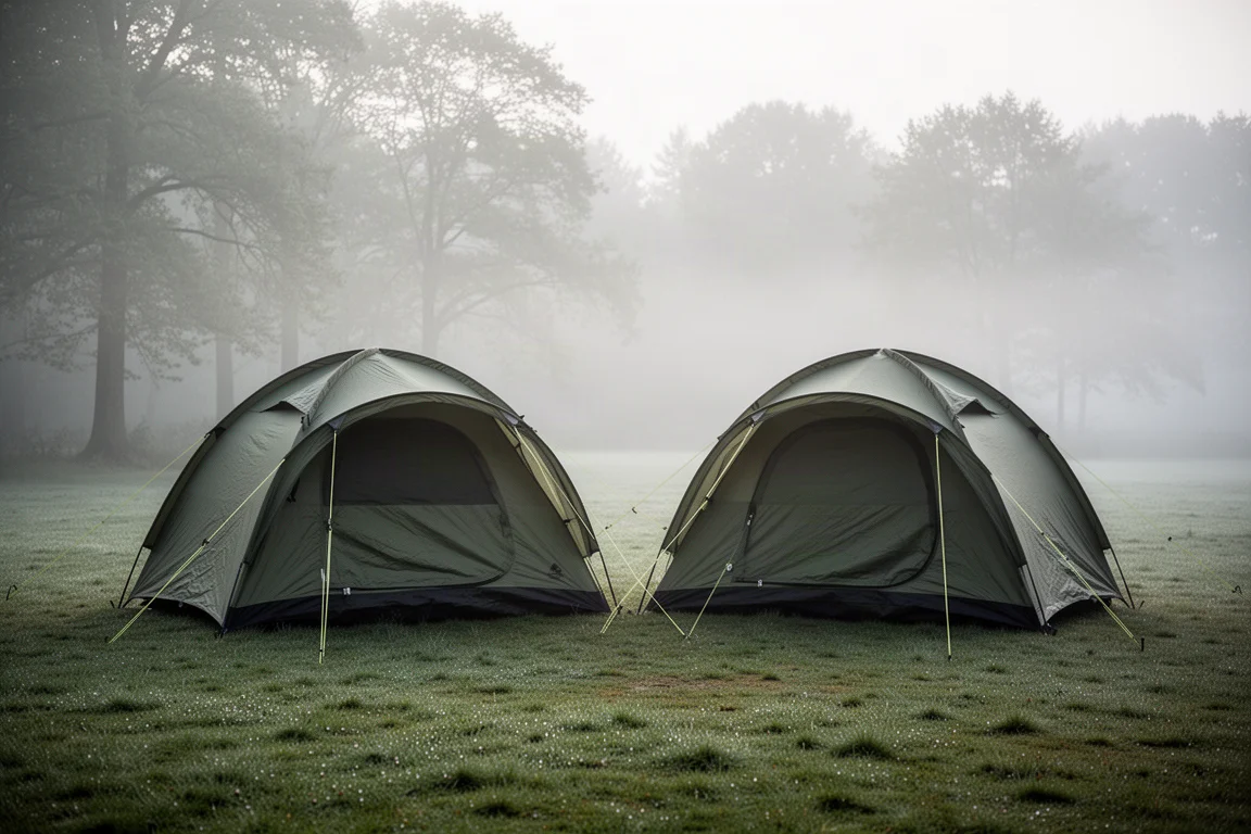 Två kupoltält uppställda sida vid sida på en gräsbevuxen campingplats i mjukt morgonljus