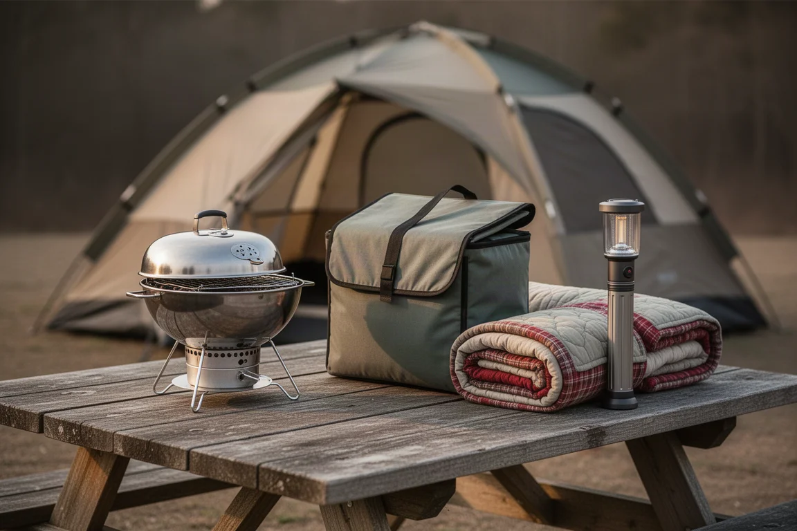 Camping essentials including a charcoal grill, storage tote, bed roll, and lantern on a wooden picnic table