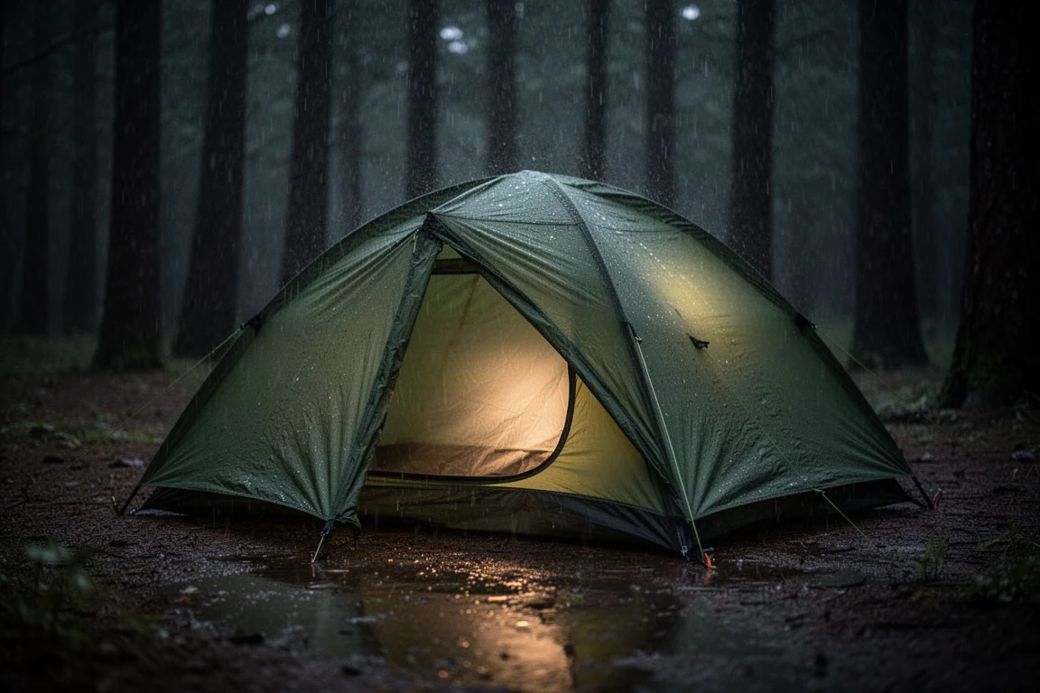 Pioggia che scorre lungo il fianco di una piccola tenda verde di notte con luce calda all'interno
