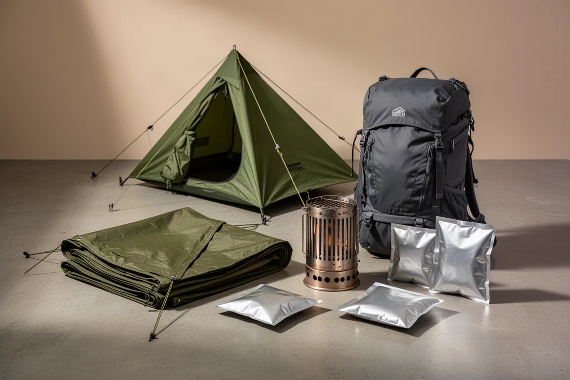 Camping gear group shot with tarp, small tent, backpack, titanium stove and meal pouches