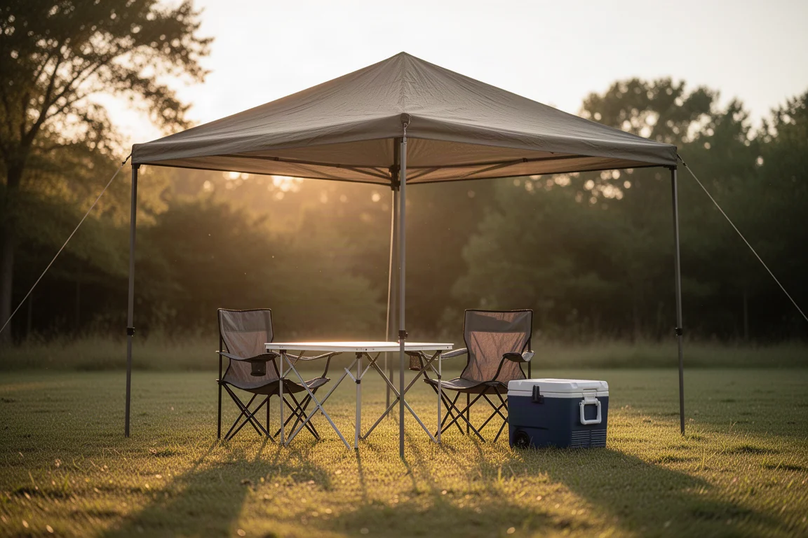Toldo sobre uma mesa de camping, cadeiras e cooler na hora dourada