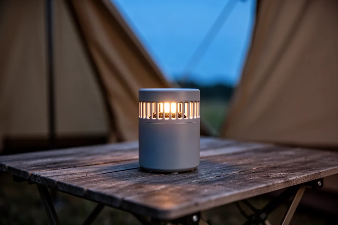 Pequeno repelente de insetos cilíndrico em uma mesa de camping ao anoitecer com brilho quente