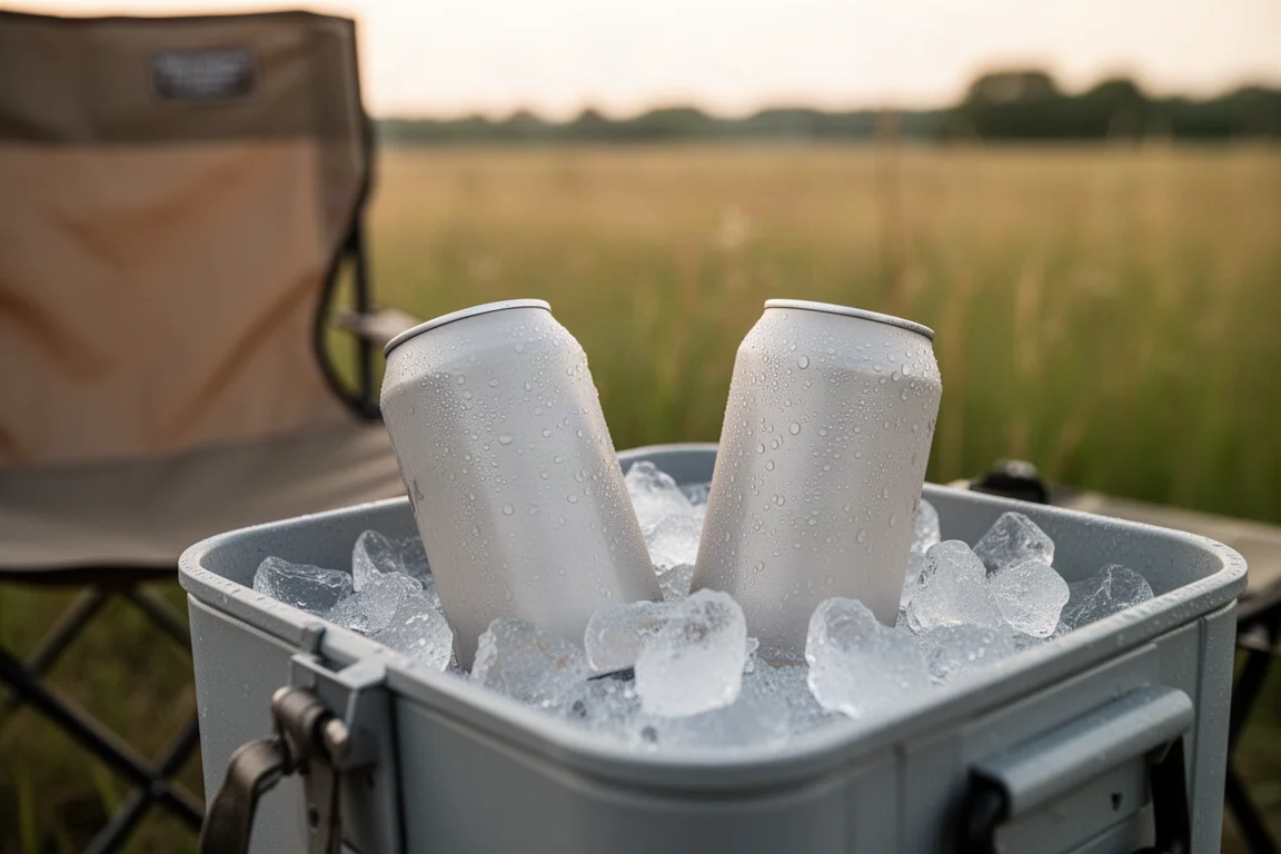 Duas latas de bebida simples sem rótulo gelando no gelo picado ao lado de uma cadeira de camping