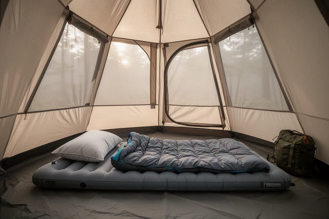 Interior de uma barraca alta com colchão inflável largo, travesseiro e saco de dormir