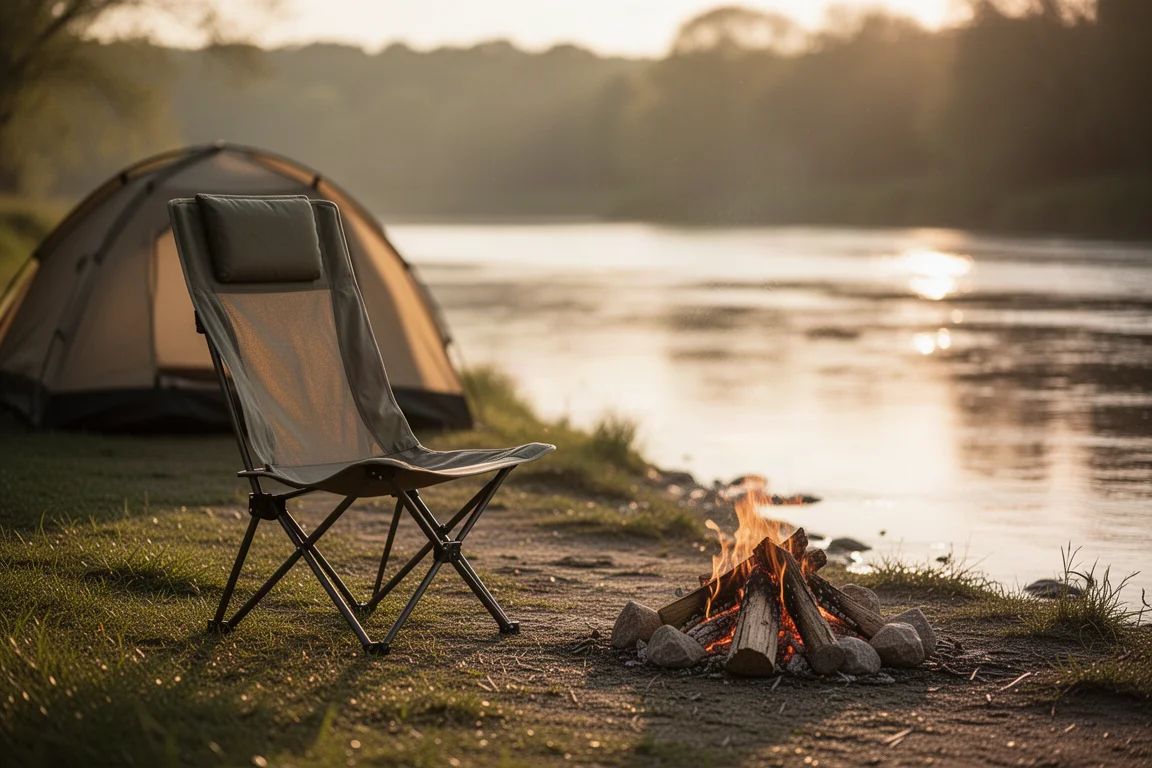 Flacher Falt-Campingstuhl mit Rückenstütze am Flussufer zur goldenen Stunde