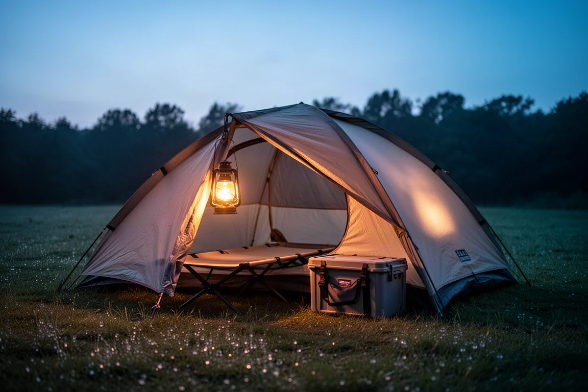 Campingplatz zur blauen Stunde mit Laternenlicht im Zelt und sichtbarem Feldbett