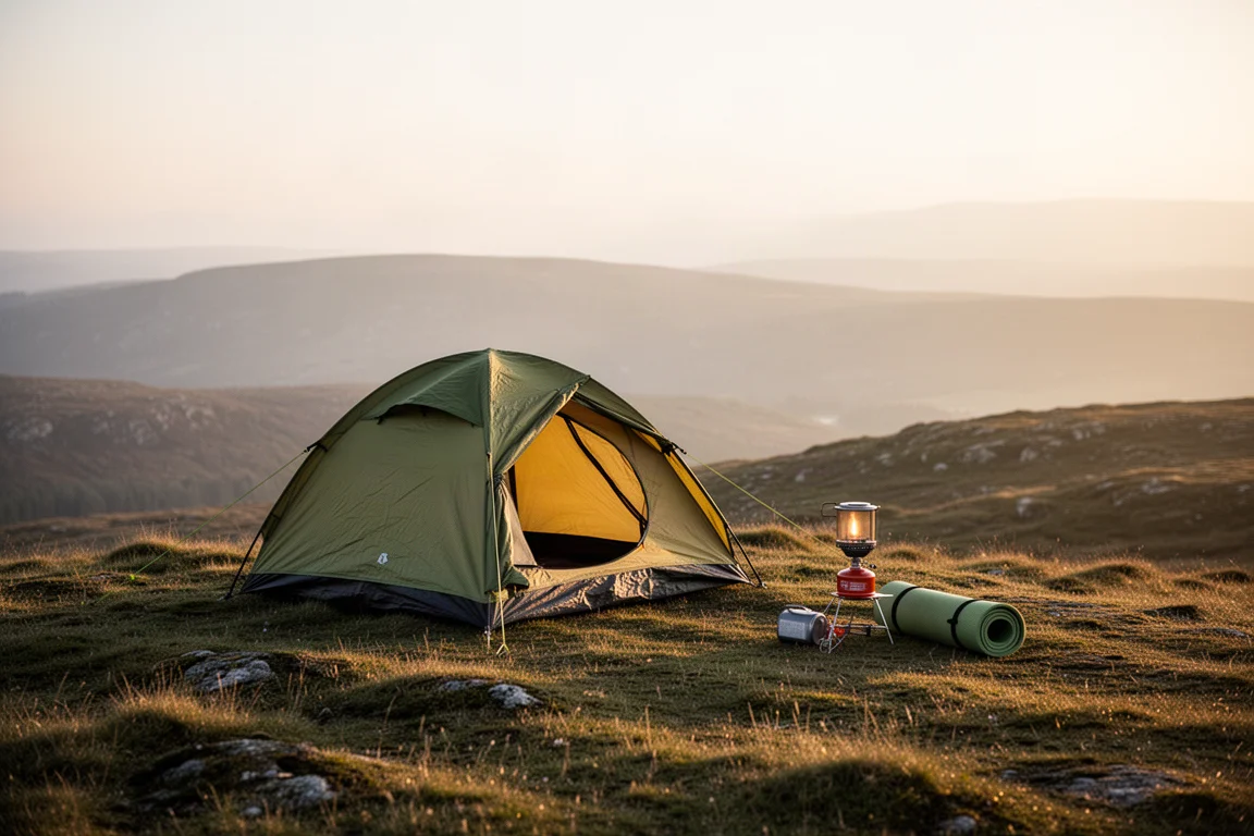 Small tent pitched on a grassy moorland ridge at golden hour with camping gear nearby