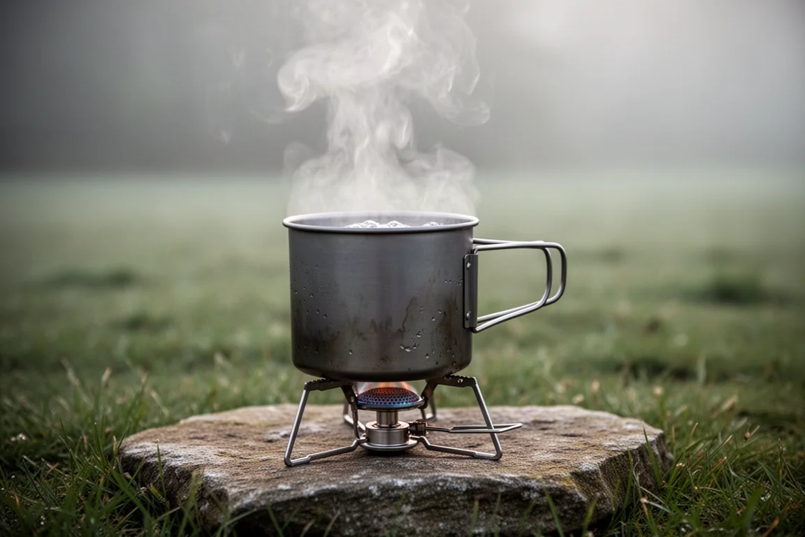 Steam rising from a narrow metal camping pot on a compact burner in morning light