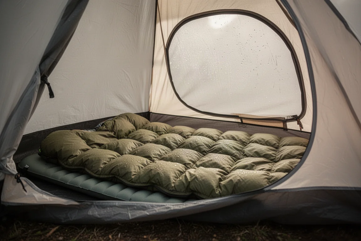 Olive down camping quilt spread inside a small tent on a sleeping pad in morning light