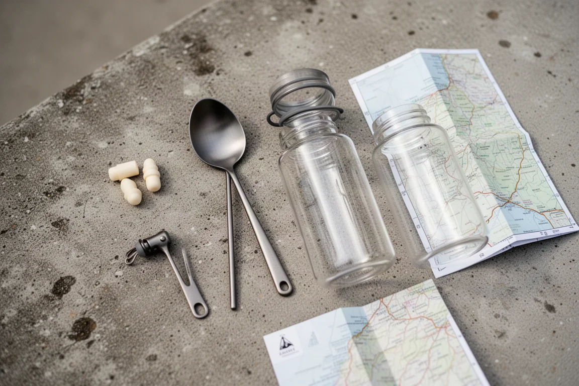 Overhead flat lay of earplugs, a long handled spoon, two bottles and a folded map