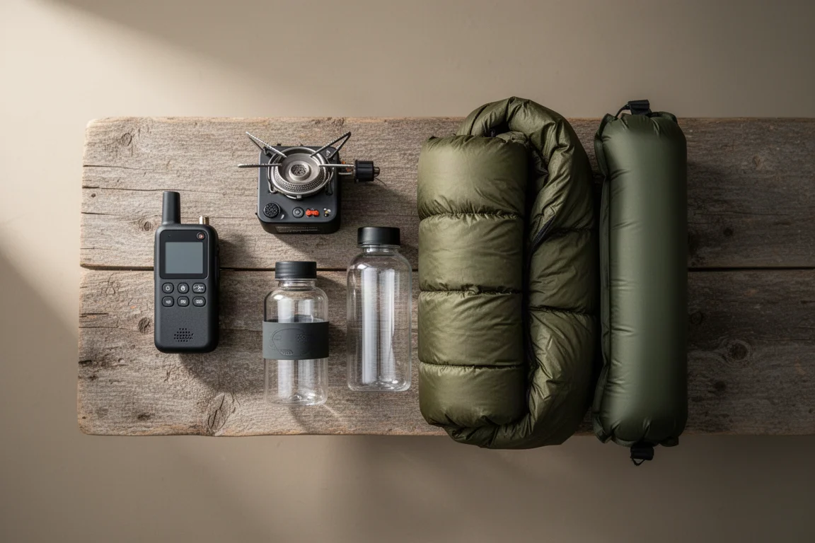 Camping gear flat lay with satellite communicator, stove, bottles, quilt and sleeping pad