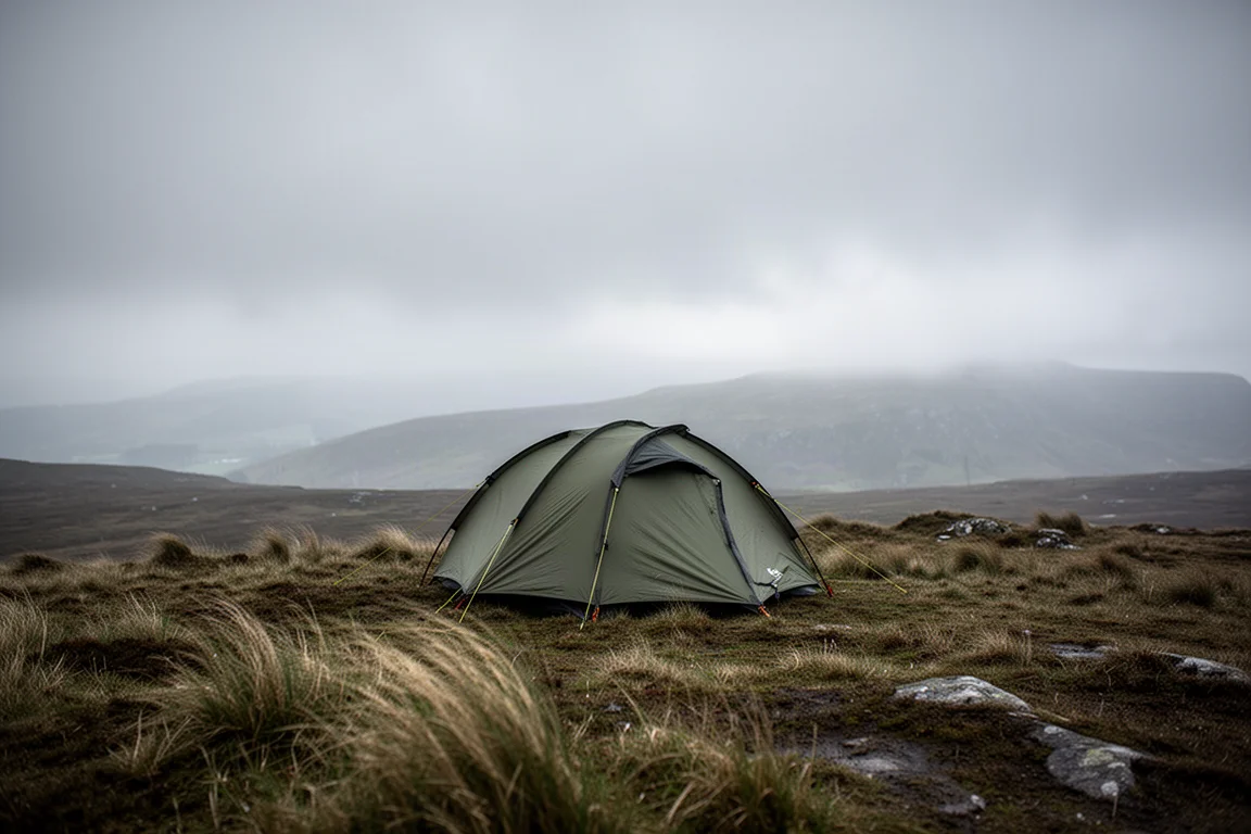 Low-profile backpacking tent pitched on an exposed moorland ridge under a grey sky