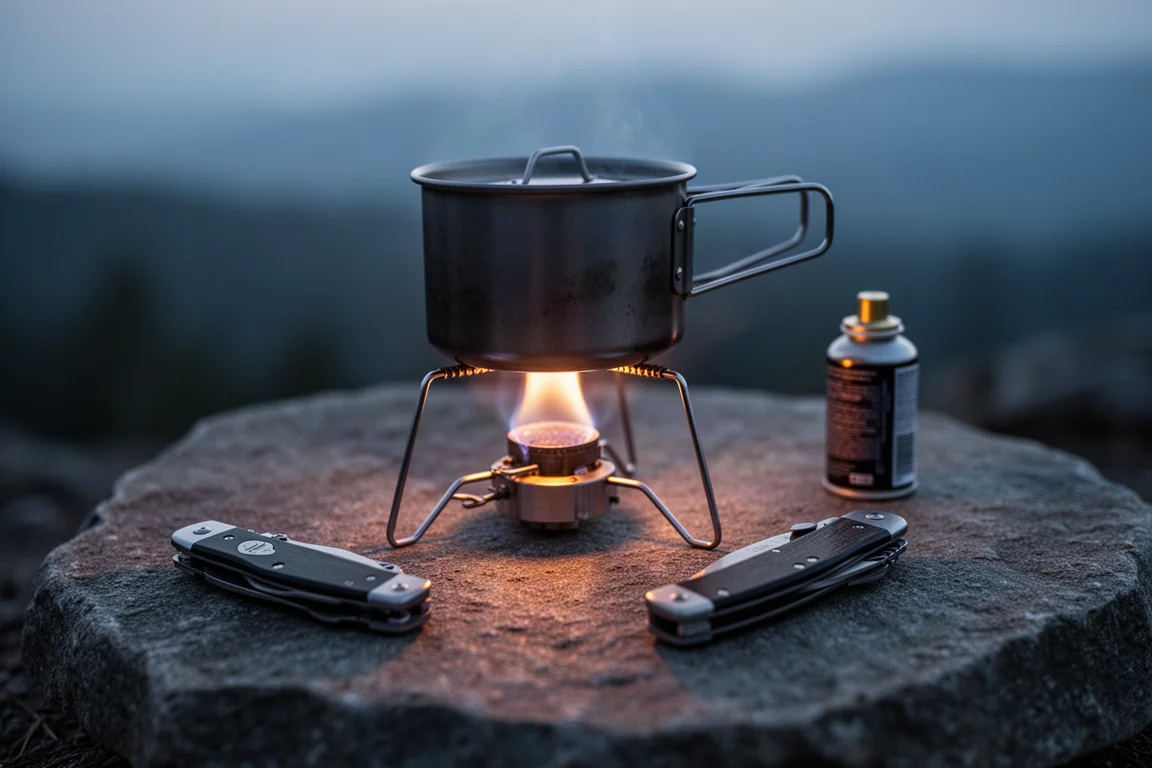 Small alcohol burner glowing beneath a metal pot on a flat stone at dusk