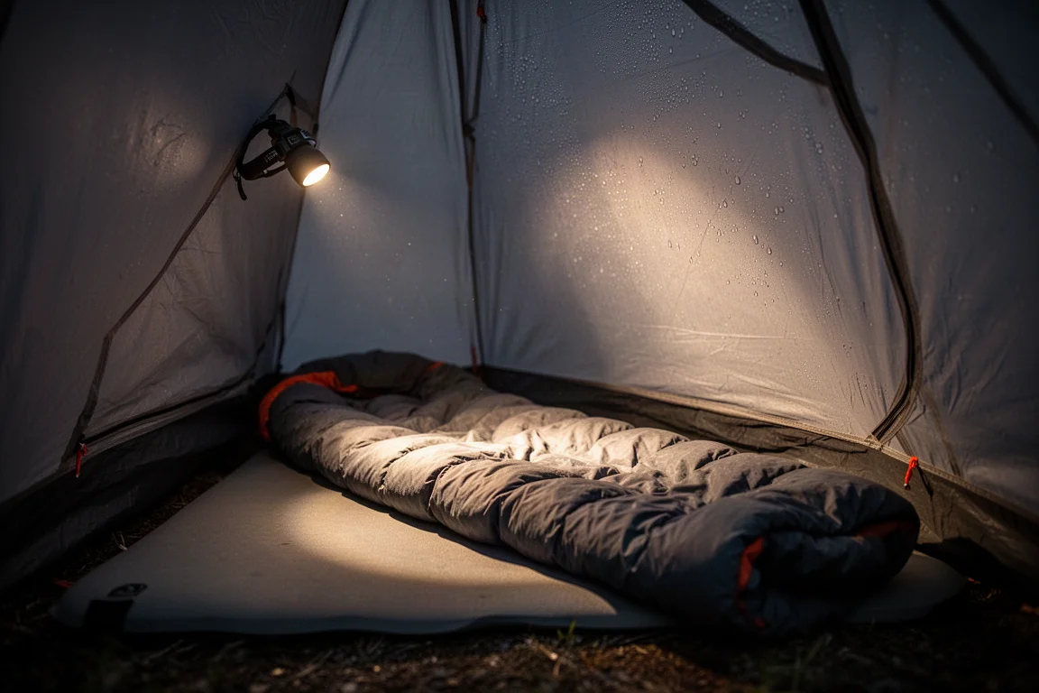 Interior of a small tent at night with a quilt and sleeping pad laid out
