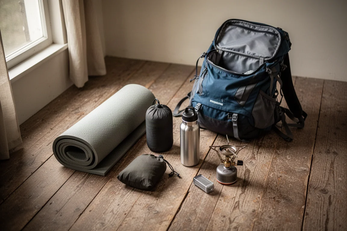 Backpacking gear sorted into groups on a wooden floor beside an open backpack