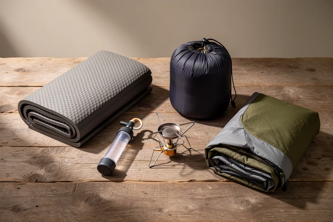 Backpacking gear flat-lay with foam mat, pump filter, alcohol burner, sleeping bag and folded tent