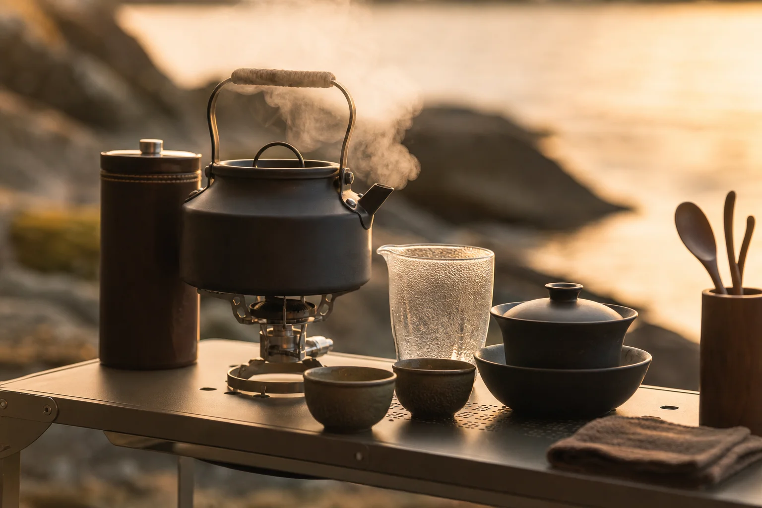 露營地的茶飲準備與聚會場景，搭配戶外廚房
